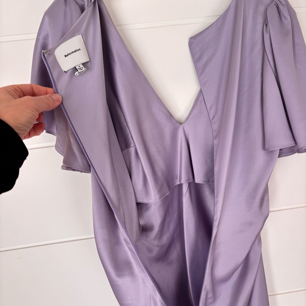 REFORMATION Vida ruffle-sleeve Satin Maxi Dress Lavender Women's Size 6 - Picture 10 of 17